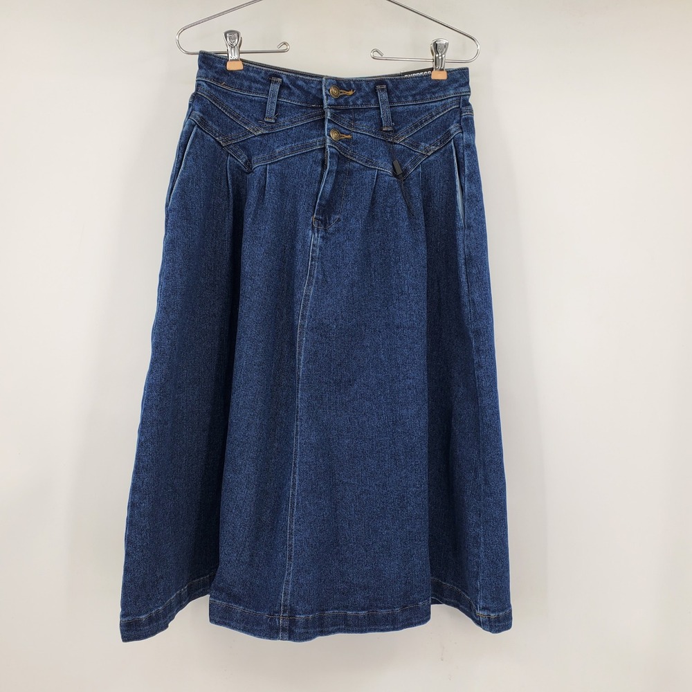 NWT Express High Waist Denim Midi Skirt Dark Wash Yoke Front 2 Western Cowgirl